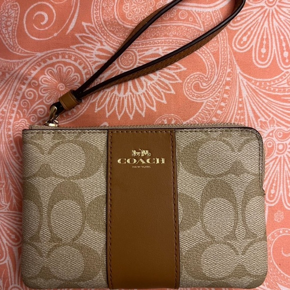 Coach Outlet Corner Zip Wristlet | ShopSimon Coach Beige and Brown Wristlet